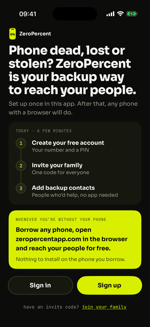 The ZeroPercent app welcome screen